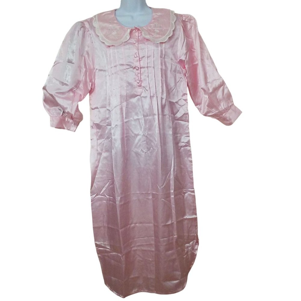 NWT NOS Prairie Collar Nightgown -M Buttons Pin-Tucks Puff LSL Shiny Pink Satin